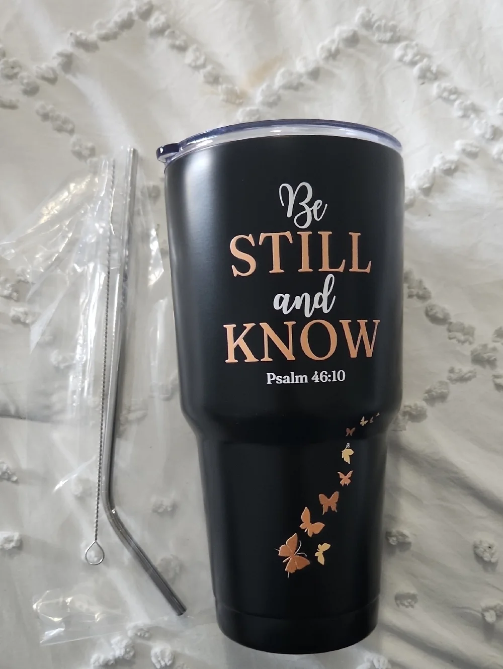 KEDRIAN - Be Still and Know Black Insulated Tumbler with Rose Gold Script